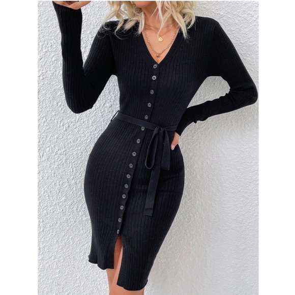 Rouge! Dresses & Skirts - Belted Knit Black Button Through Long Sleeve Dress Knee Length